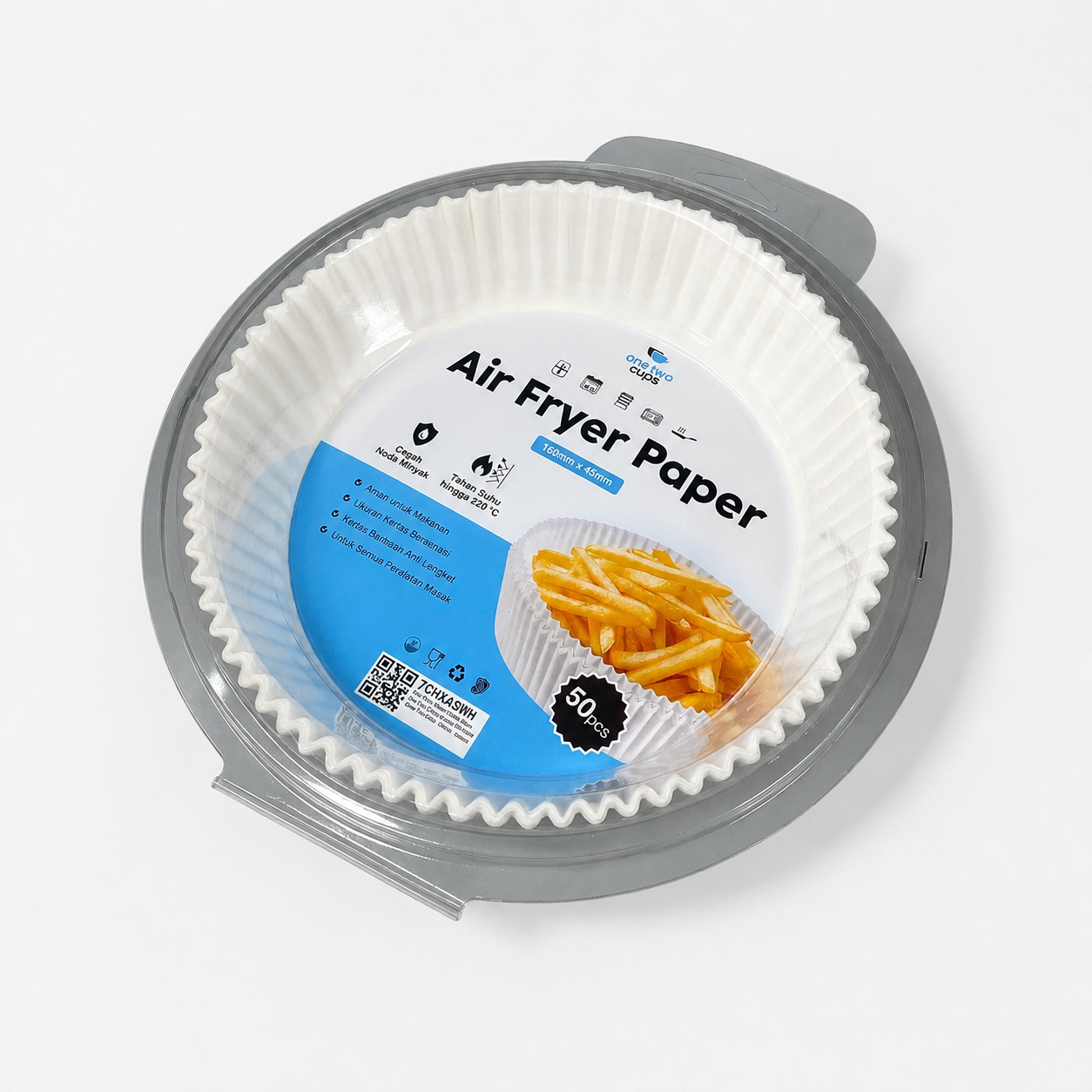 One Two Cups Kertas Alas Air Fryer Paper Liner Oilproof 16cm 50 PCS - MK5 Gambar produk One Two Cups Kertas Alas Air Fryer Paper Liner Oilproof 16cm 50 PCS - MK5 - Kemasan