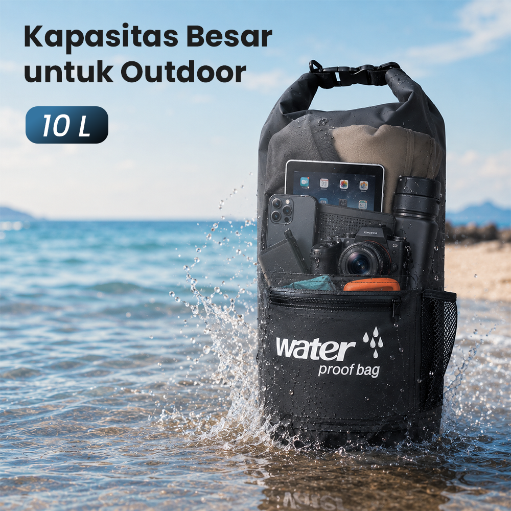 Dry Bag Waterproof Extra Pocket Backpack Strap Tas Tahan Air PVC 10L - OB-104 Gambar produk Dry Bag Waterproof Extra Pocket Backpack Strap Tas Tahan Air PVC 10L - OB-104 - 3