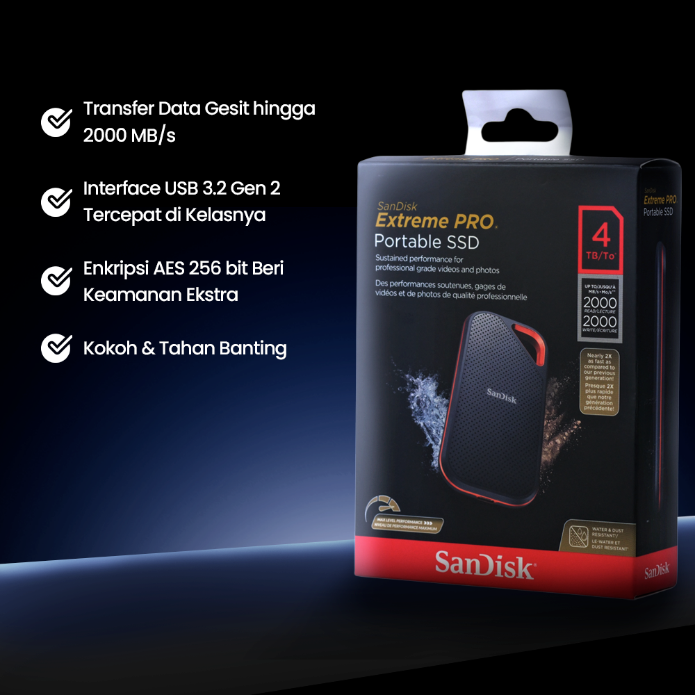 SanDisk Extreme PRO Portable SSD 2000MB/s USB Type C 3.2 4TB - SDSSDE81 Gambar produk SanDisk Extreme PRO Portable SSD 2000MB/s USB Type C 3.2 4TB - SDSSDE81 - 1