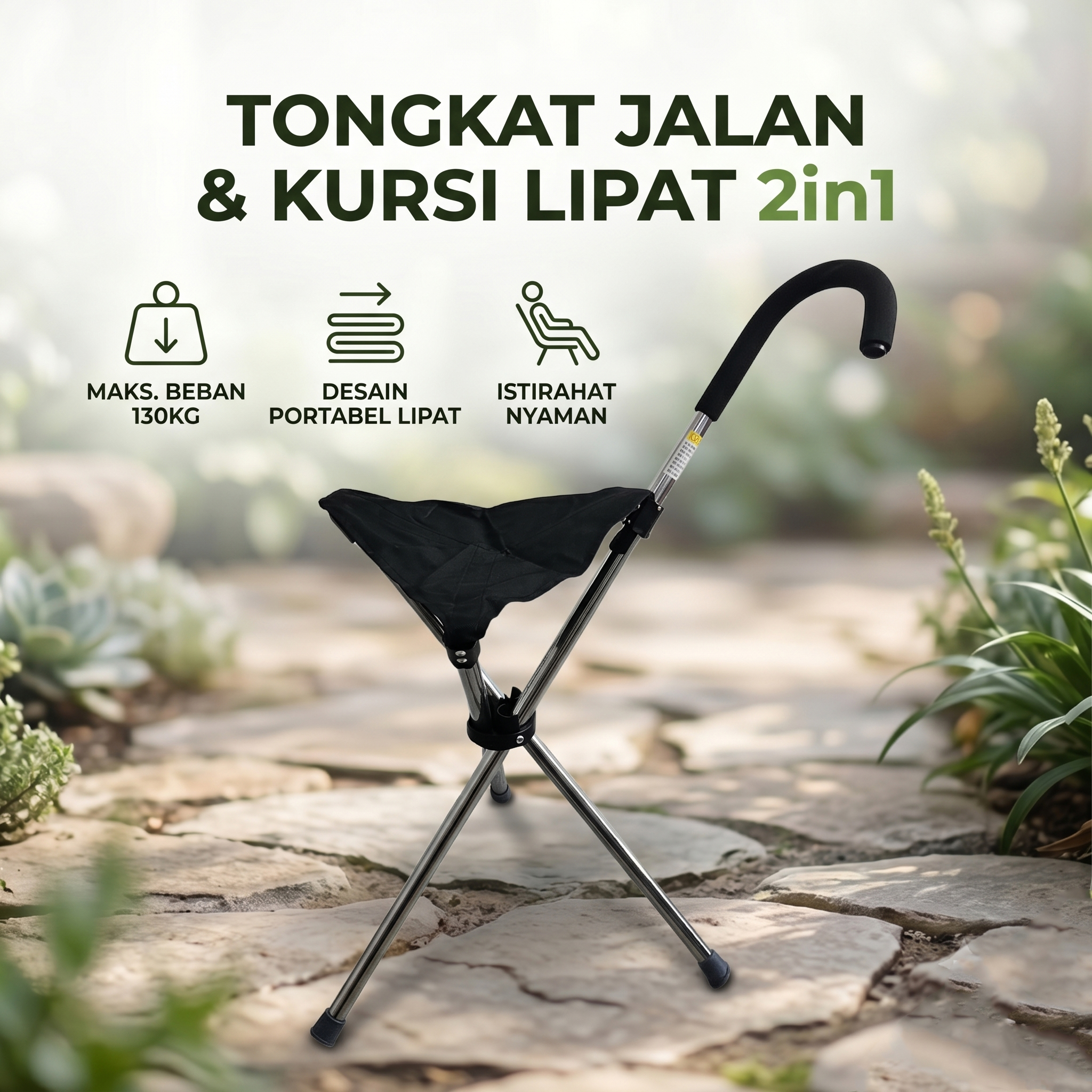 HEIBEI Tongkat Jalan Kursi Lipat 2in1 Foldable Cane Chair Portable - HB-320 Gambar produk HEIBEI Tongkat Jalan Kursi Lipat 2in1 Foldable Cane Chair Portable - HB-320 - Utama