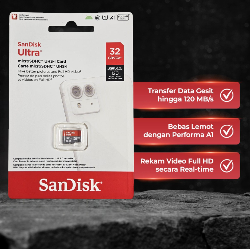 SanDisk Ultra microSDHC UHS-I Class 10 A1 120MB/s 32GB - SDSQUA4 Gambar produk SanDisk Ultra microSDHC UHS-I Class 10 A1 120MB/s 32GB - SDSQUA4 - 2
