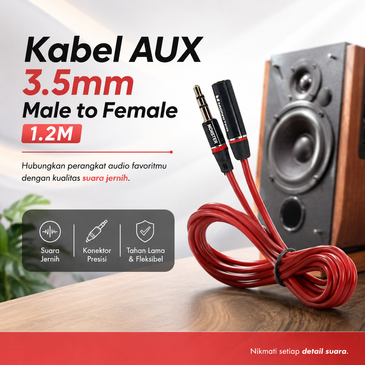 MONSTER Kabel AUX Ekstensi HiFi Audio Cable 3.5mm Male to Female 1.2M - AV118 Gambar produk MONSTER Kabel AUX Ekstensi HiFi Audio Cable 3.5mm Male to Female 1.2M - AV118 - Utama
