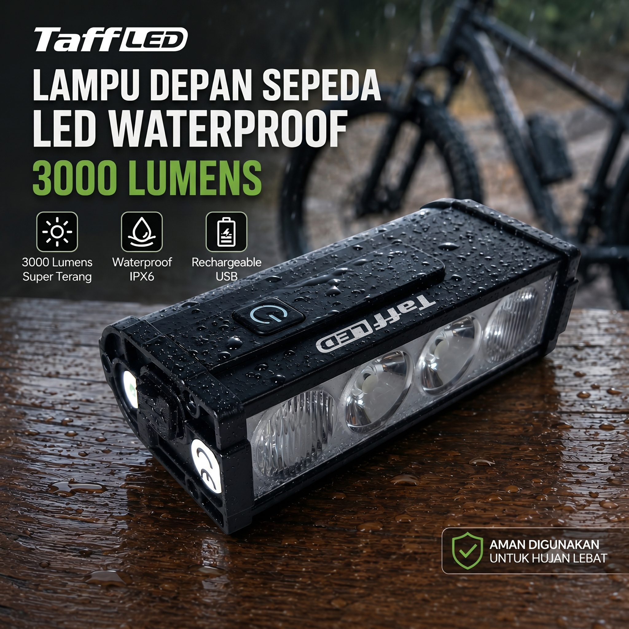 TaffLED Lampu Depan Sepeda LED Waterproof Rechargeable 3000 Lumens - LIG013 Gambar produk TaffLED Lampu Depan Sepeda LED Waterproof Rechargeable 3000 Lumens - LIG013 - Utama