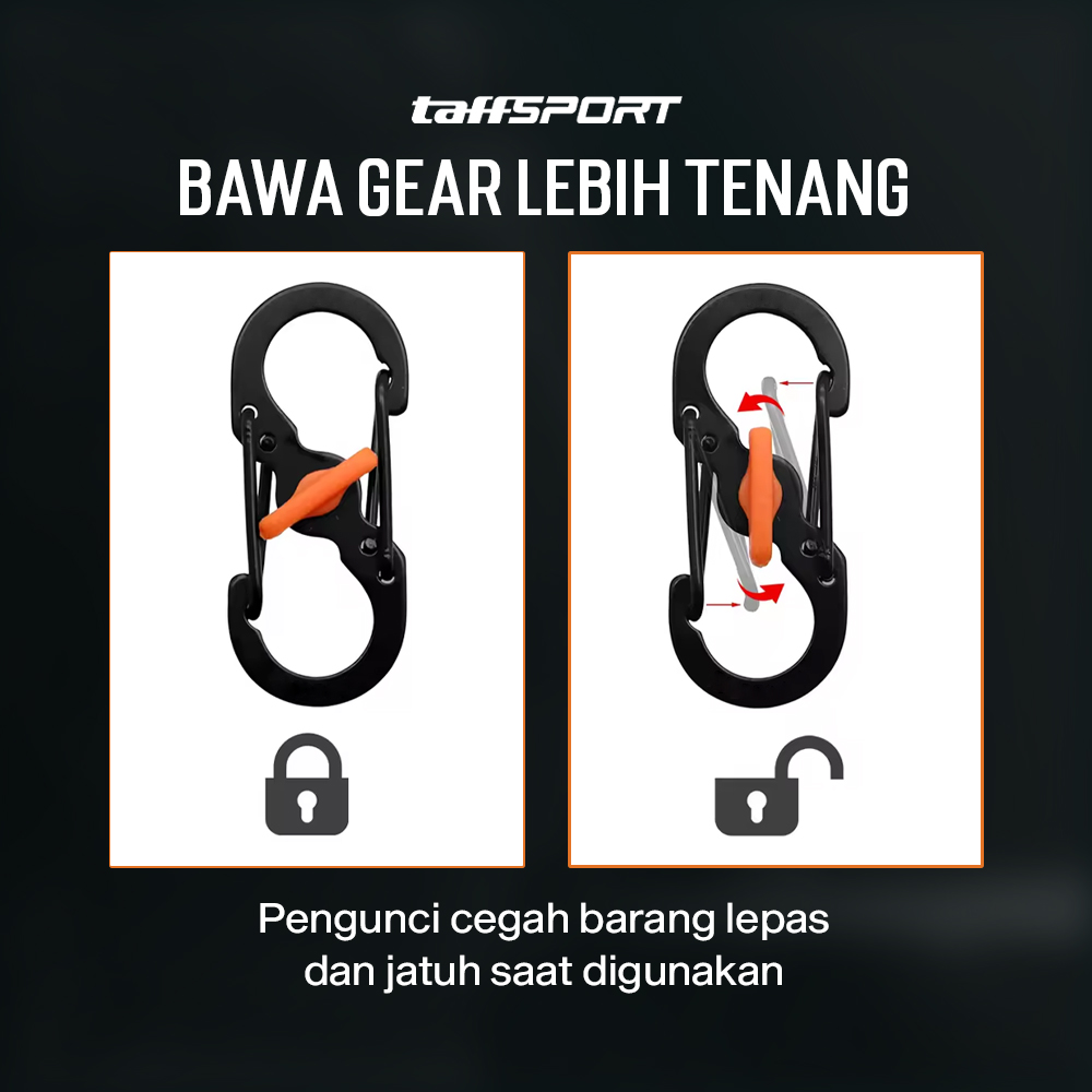 TaffSPORT Carabiner Metal Double Hook Spring Lock Gantungan Kunci 50kg - AT17 Gambar produk TaffSPORT Carabiner Metal Double Hook Spring Lock Gantungan Kunci 50kg - AT17 - 3