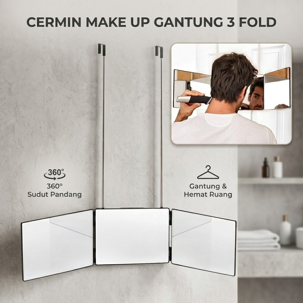 Krisno Cermin Make Up Gantung Hanging Bathroom Mirror 3 Fold - INU135 Gambar produk Krisno Cermin Make Up Gantung Hanging Bathroom Mirror 3 Fold - INU135 - Utama