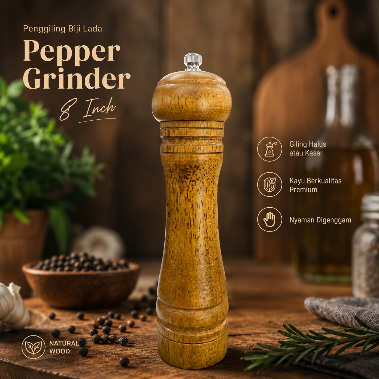 SSGP Penggiling Lada Wooden Vintage Adjustable Salt Pepper Grinder 8 Inch - CYF-1026/CYF-1028 Gambar produk SSGP Penggiling Lada Wooden Vintage Adjustable Salt Pepper Grinder 8 Inch - CYF-1026/CYF-1028 - Utama