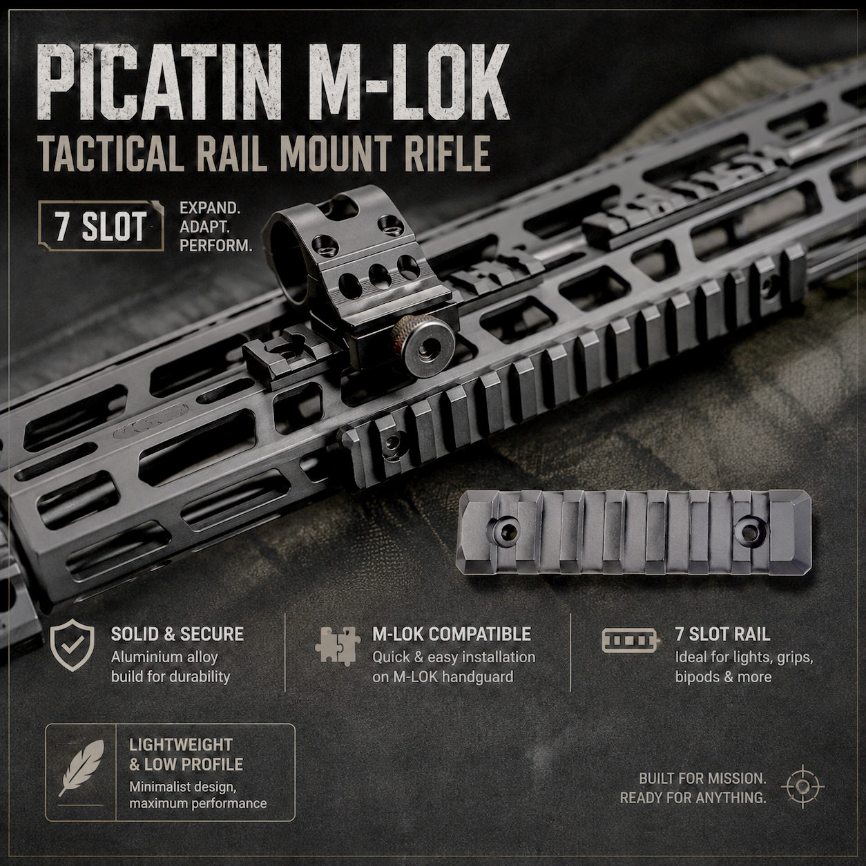 Picatin M-lok Tactical Rail Mount Rifle Scope Adapter 7 Slot - HD23 Gambar produk Picatin M-lok Tactical Rail Mount Rifle Scope Adapter 7 Slot - HD23 - Utama