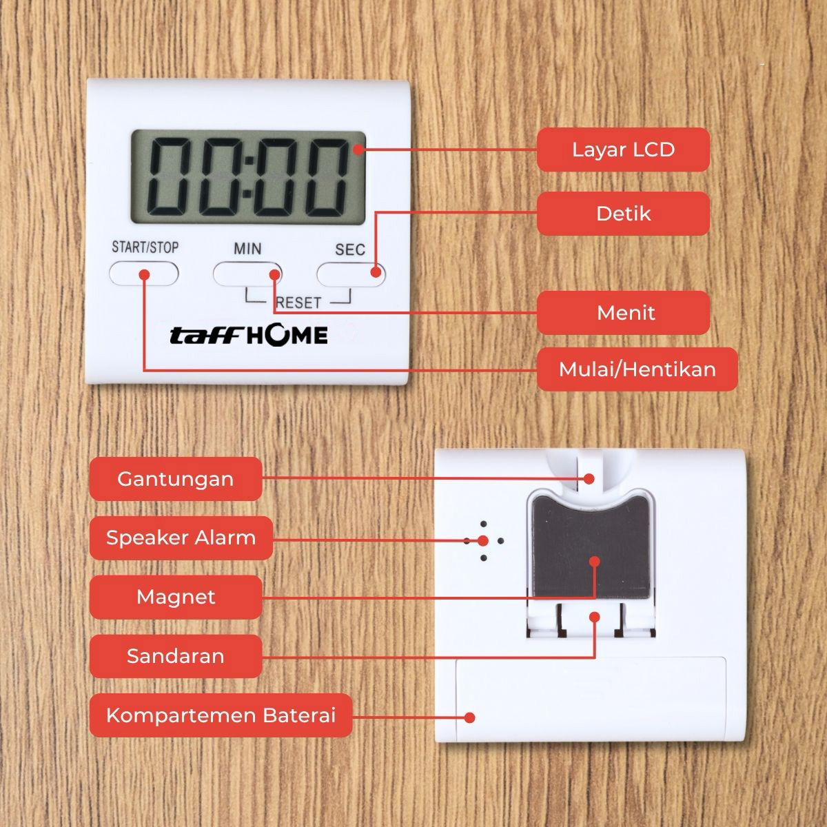 TaffHOME Timer Masak Dapur Digital Magnetic Alarm Kitchen Countdown - T10 Gambar produk TaffHOME Timer Masak Dapur Digital Magnetic Alarm Kitchen Countdown - T10 - 5