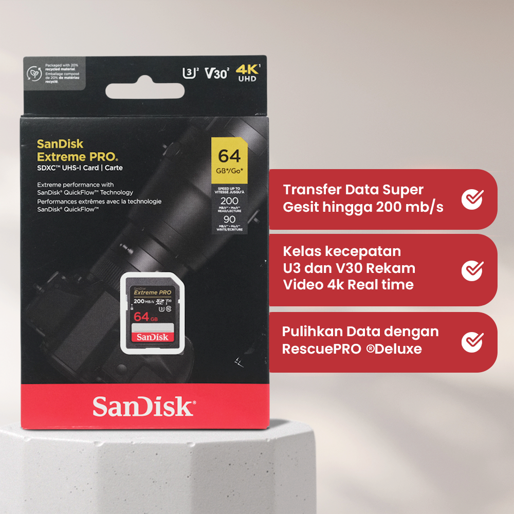 SanDisk Extreme PRO SDXC/HC UHS-I Card U3 V30 100MB/s 200MB/s 64GB-SDSDXXU-064G Gambar produk SanDisk Extreme PRO SDXC/HC UHS-I Card U3 V30 100MB/s 200MB/s 64GB-SDSDXXU-064G - 2