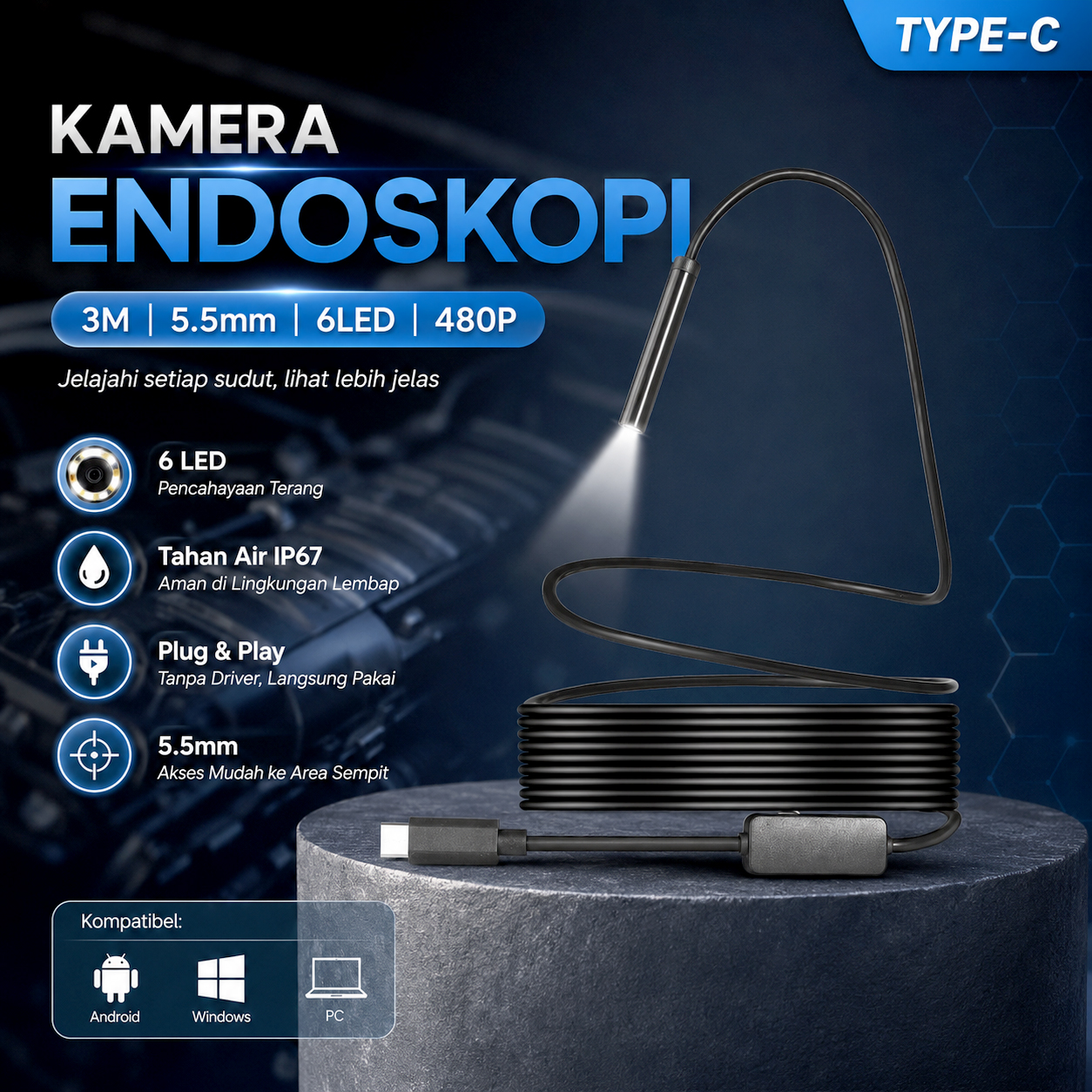 JWHCAM Kamera Endoskopi Industrial Endoscope Type C 3M 5.5mm 6LED 480P - AN98A Gambar produk JWHCAM Kamera Endoskopi Industrial Endoscope Type C 3M 5.5mm 6LED 480P - AN98A - Utama