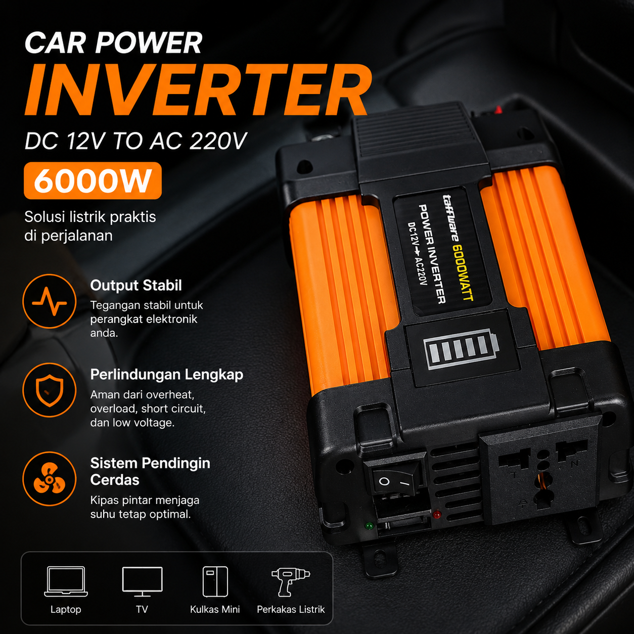 Taffware Car Power Inverter Transformer DC 12V to AC 220V 6000W - Q6000 Gambar produk Taffware Car Power Inverter Transformer DC 12V to AC 220V 6000W - Q6000 - Utama