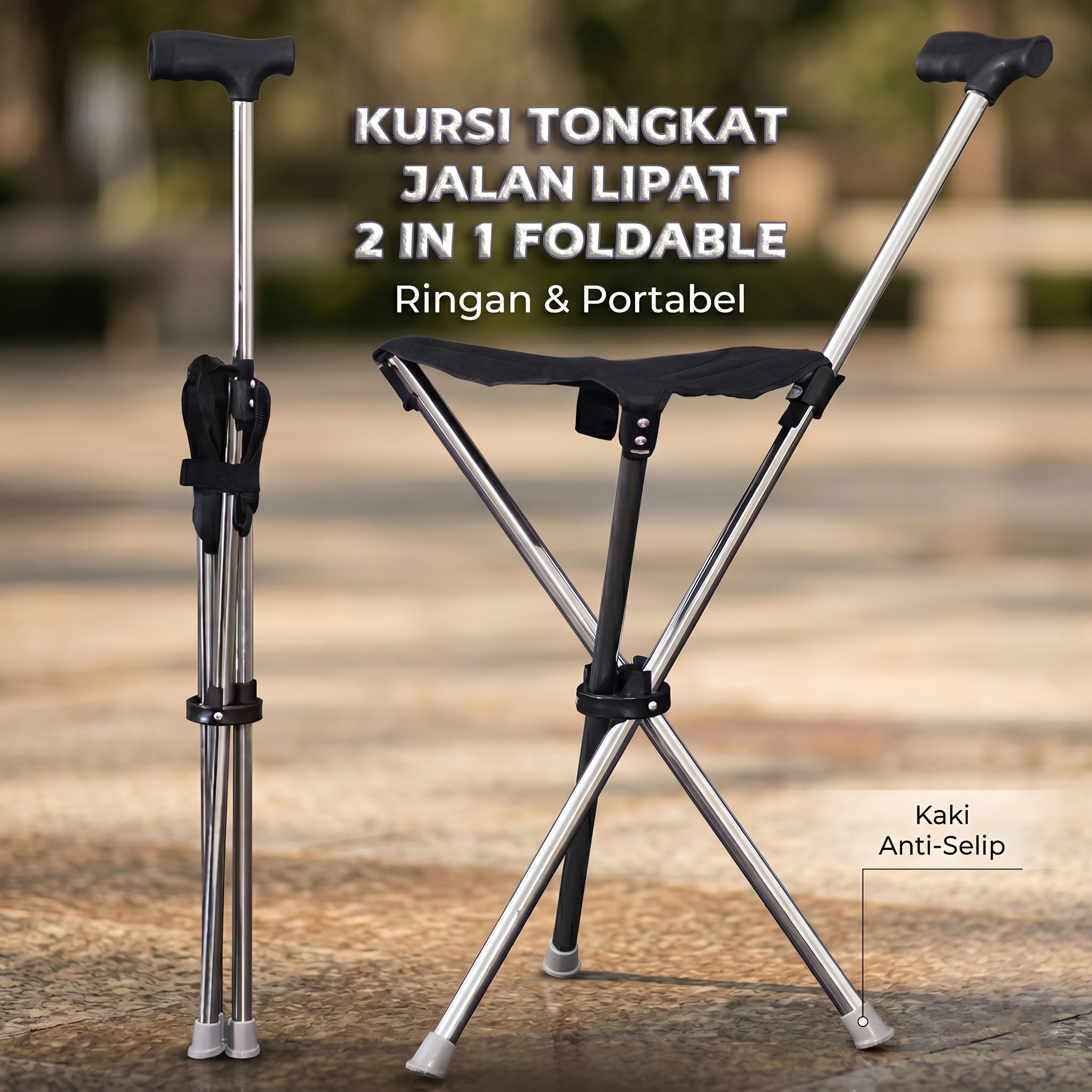LAKIKA Kursi Tongkat Jalan Lipat 2in1 Foldable Cane Chair Lightweight - LC-240317 Gambar produk LAKIKA Kursi Tongkat Jalan Lipat 2in1 Foldable Cane Chair Lightweight - LC-240317 - Utama