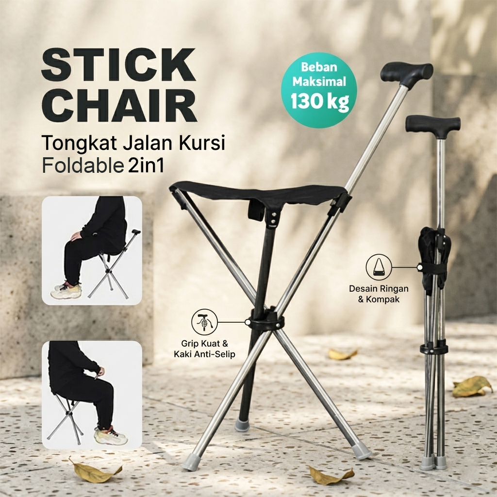 HEIBEI Tongkat Jalan Kursi Lipat 2in1 Foldable Chair Portable 80cm - HB-201 Gambar produk HEIBEI Tongkat Jalan Kursi Lipat 2in1 Foldable Chair Portable 80cm - HB-201 - Utama
