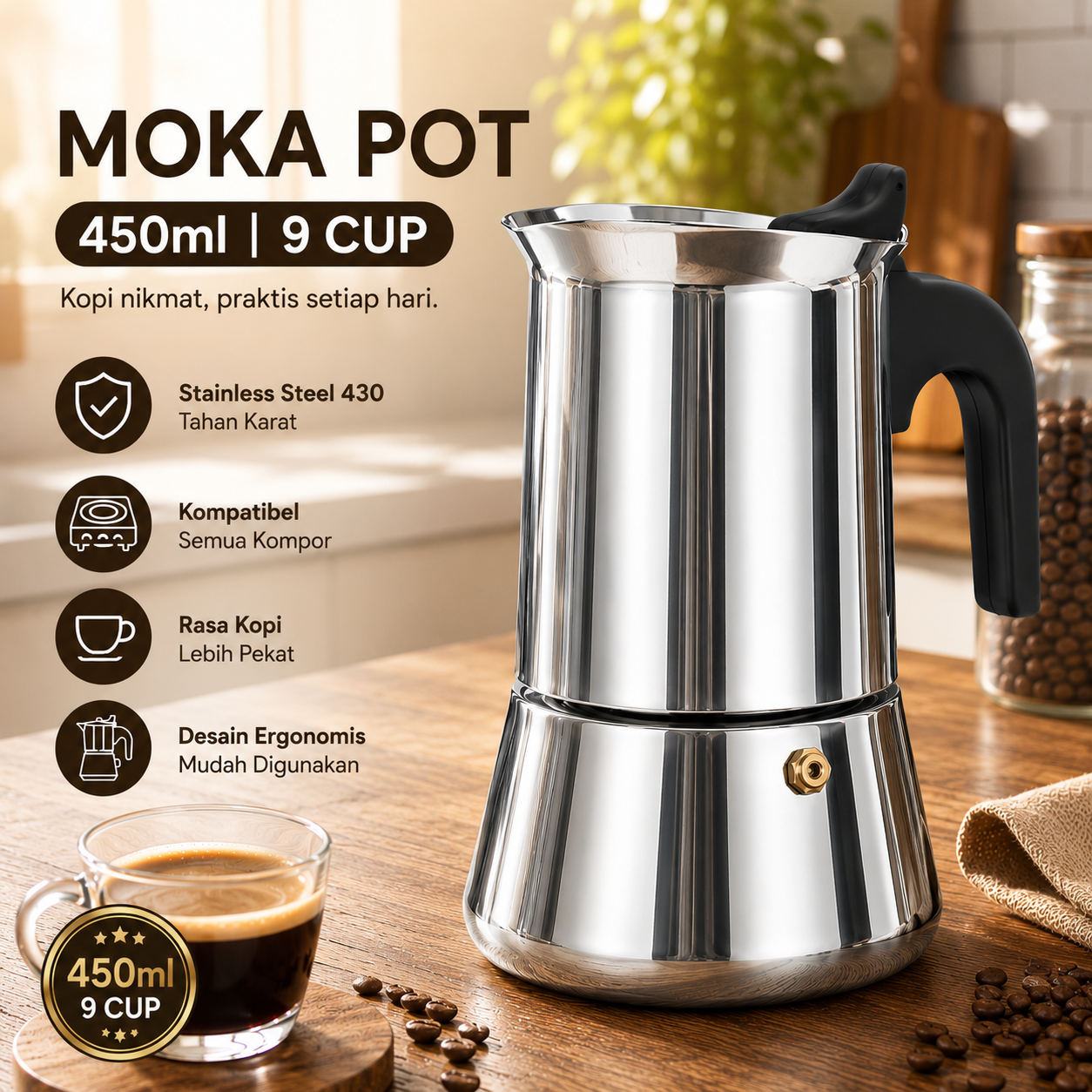 One Two Cups Moka Pot Teko Kopi Espresso Coffee Maker Stovetop 9 Cup 450ml - Z70 Gambar produk One Two Cups Moka Pot Teko Kopi Espresso Coffee Maker Stovetop 9 Cup 450ml - Z70 - Utama