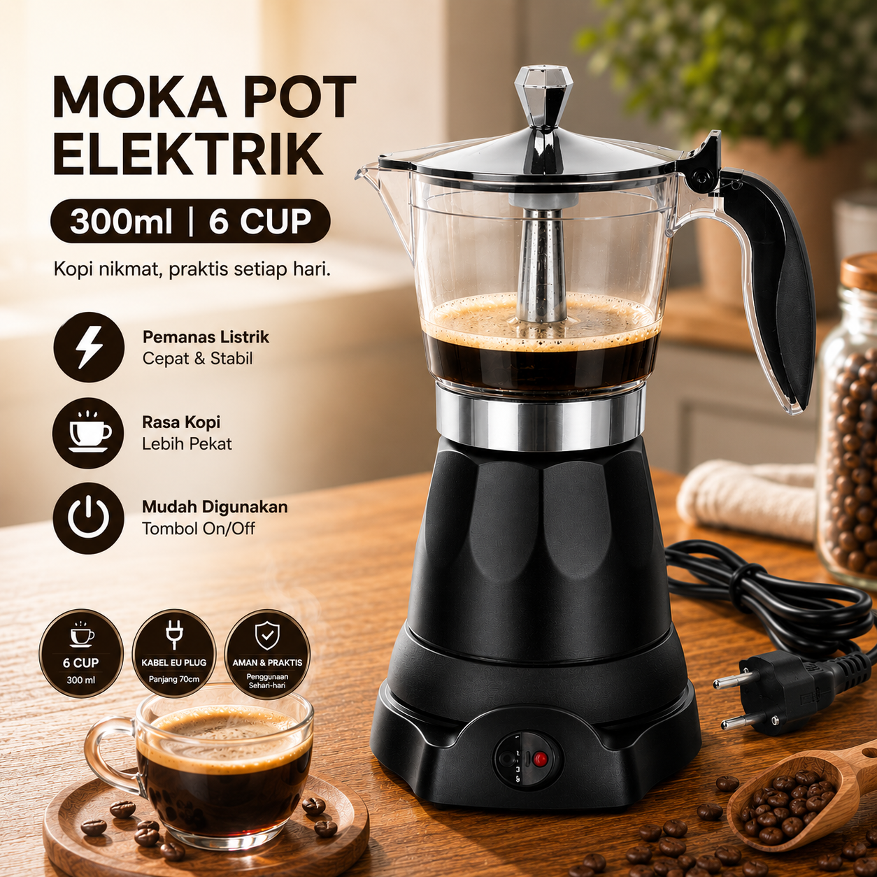 One Two Cups Moka Pot Teko Elektrik Espresso Coffee 3 Cup 300ml - S06 Gambar produk One Two Cups Moka Pot Teko Elektrik Espresso Coffee 3 Cup 300ml - S06 - Utama