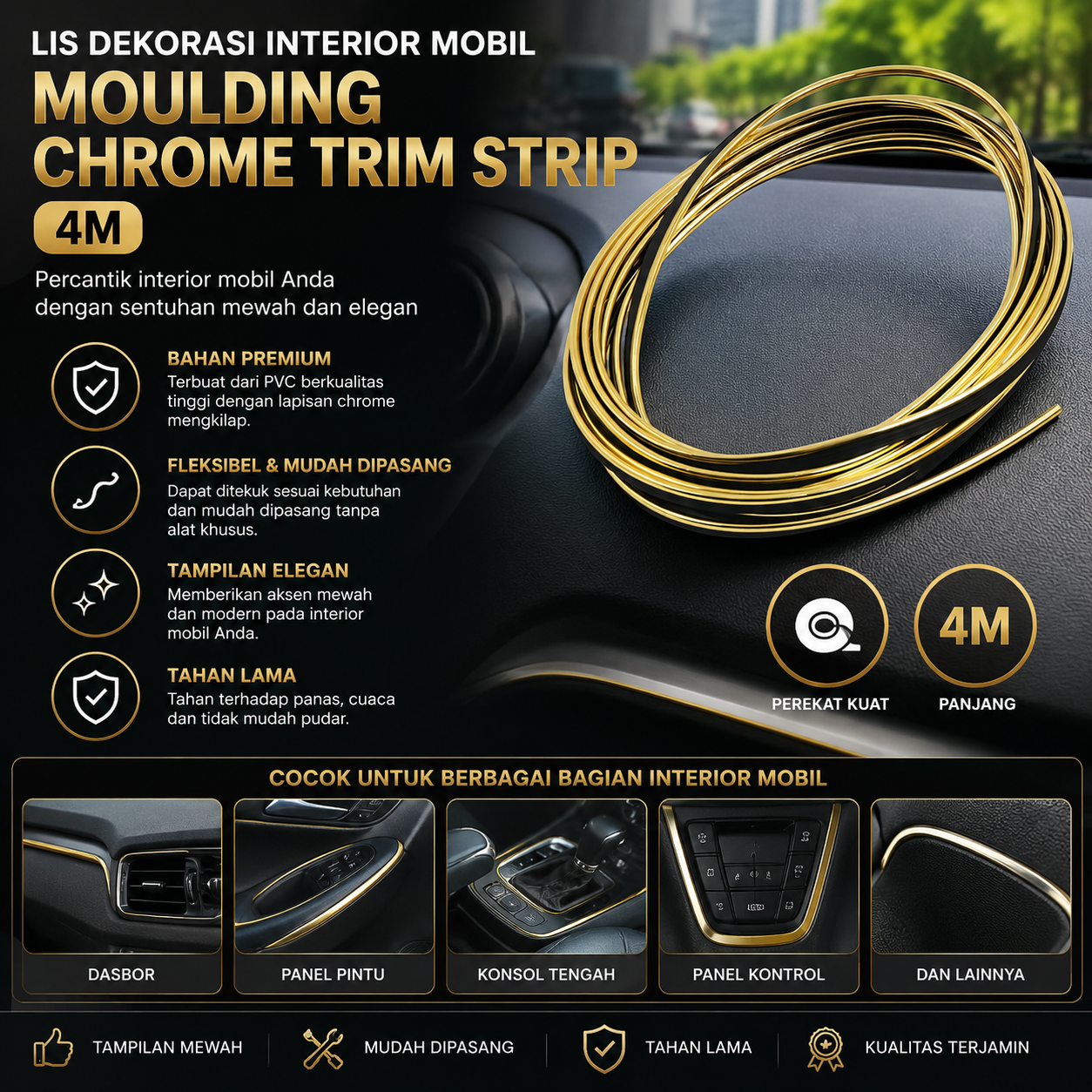 OTOHEROES Lis Dekorasi Interior Mobil Moulding Chrome Trim Strip 4M - C3578 Gambar produk OTOHEROES Lis Dekorasi Interior Mobil Moulding Chrome Trim Strip 4M - C3578 - 1