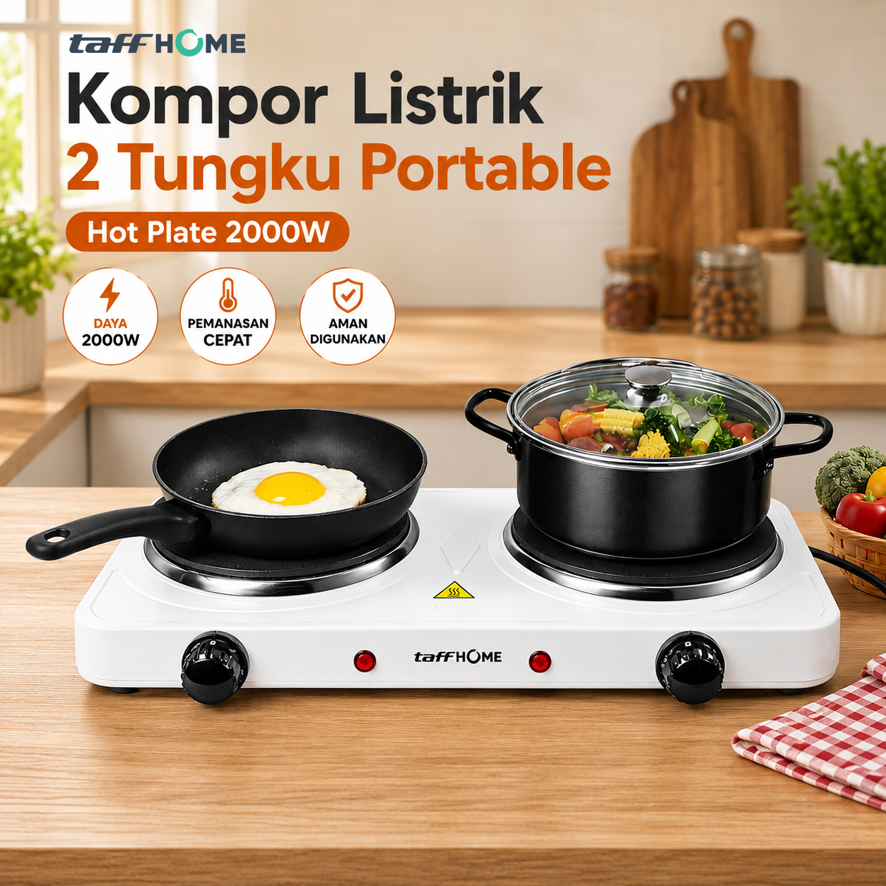 Gambar produk TaffHOME Kompor Listrik 2 Tungku Portable Hot Plate 2000W - H2-2000-04 - Utama