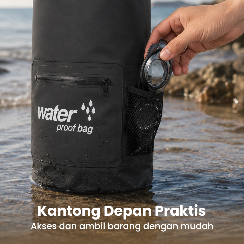 Dry Bag Waterproof Extra Pocket Backpack Strap Tas Tahan Air PVC 10L - OB-104 Gambar produk Dry Bag Waterproof Extra Pocket Backpack Strap Tas Tahan Air PVC 10L - OB-104 - 4
