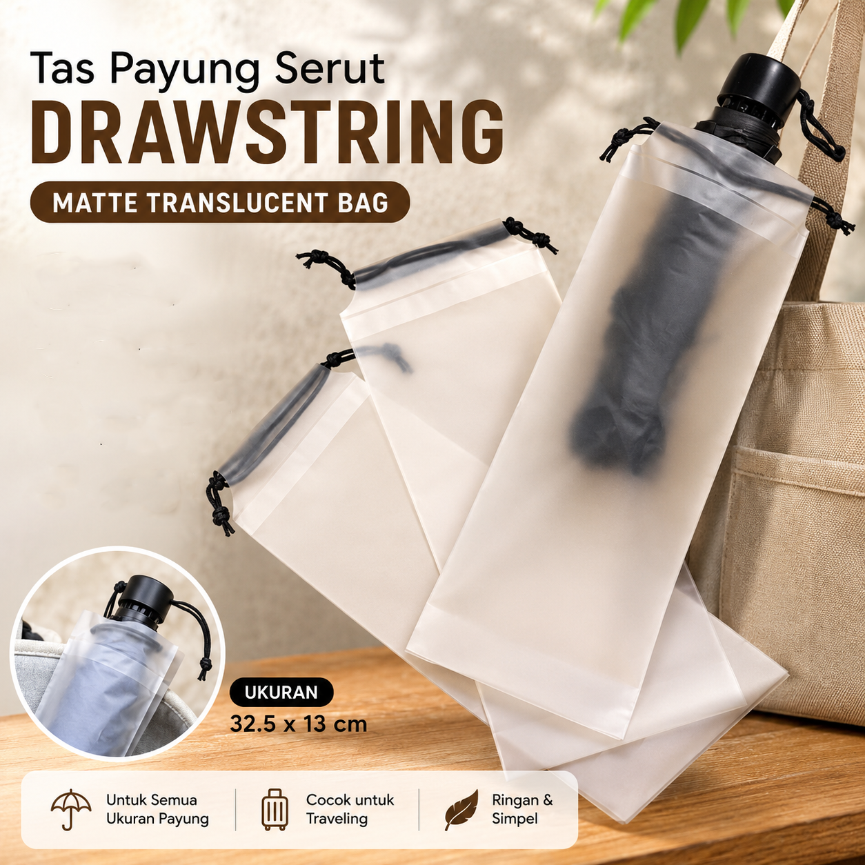 Starriest Tas Payung Serut Drawstring Matte Translucent Bag 32.5x13cm - STR13 Gambar produk Starriest Tas Payung Serut Drawstring Matte Translucent Bag 32.5x13cm - STR13 - Utama