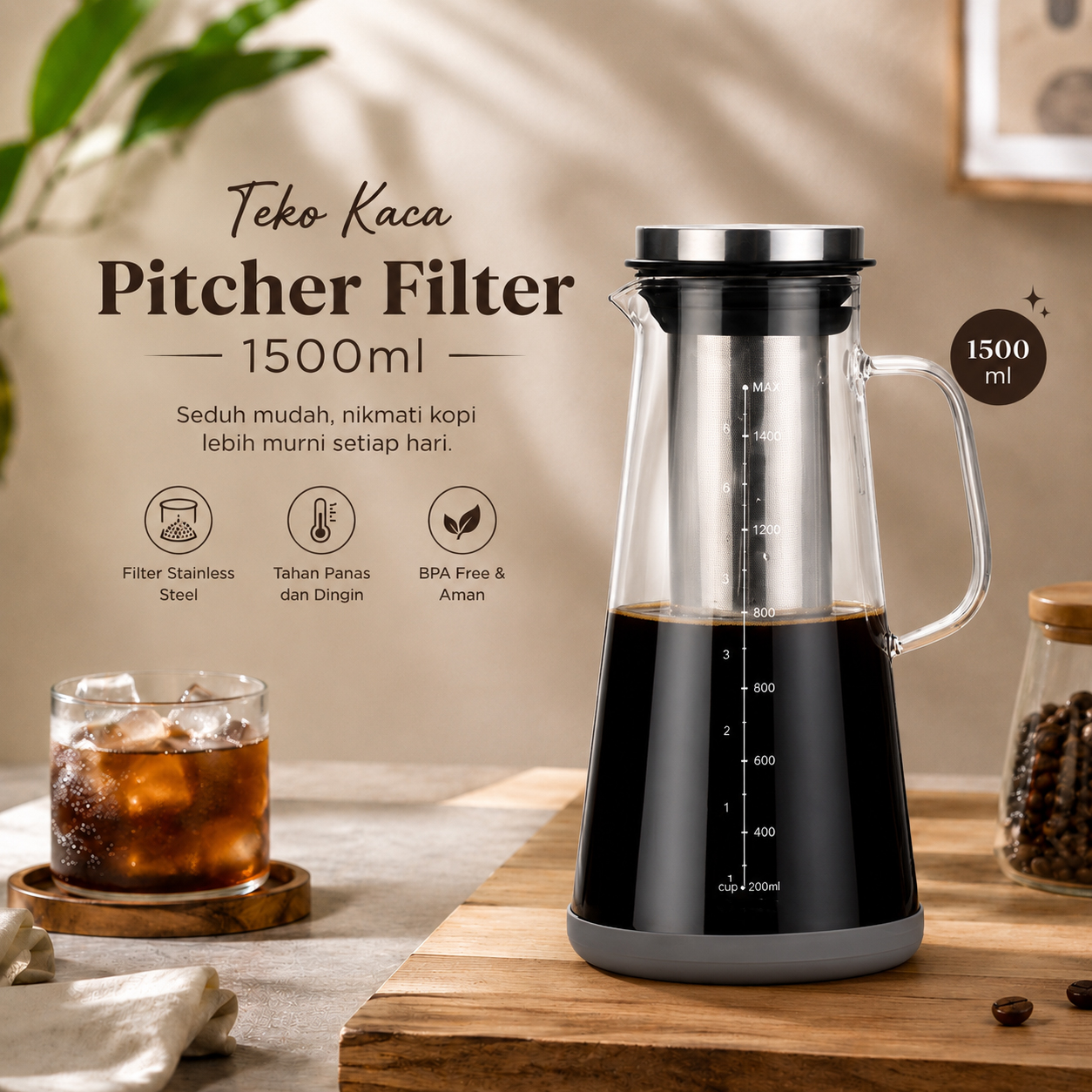 Gambar produk One Two Cups Teko Kaca Kopi Teh Water Pitcher Stainless Steel Filter 1500ml - MD-10 - Utama