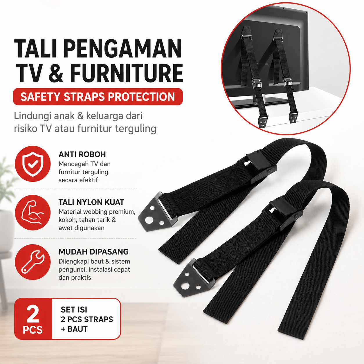 Kizz Tali Pengaman TV Safety Furniture Strap Protection Anti-Tilt 2PCS - Kz01 Gambar produk Kizz Tali Pengaman TV Safety Furniture Strap Protection Anti-Tilt 2PCS - Kz01 - Utama