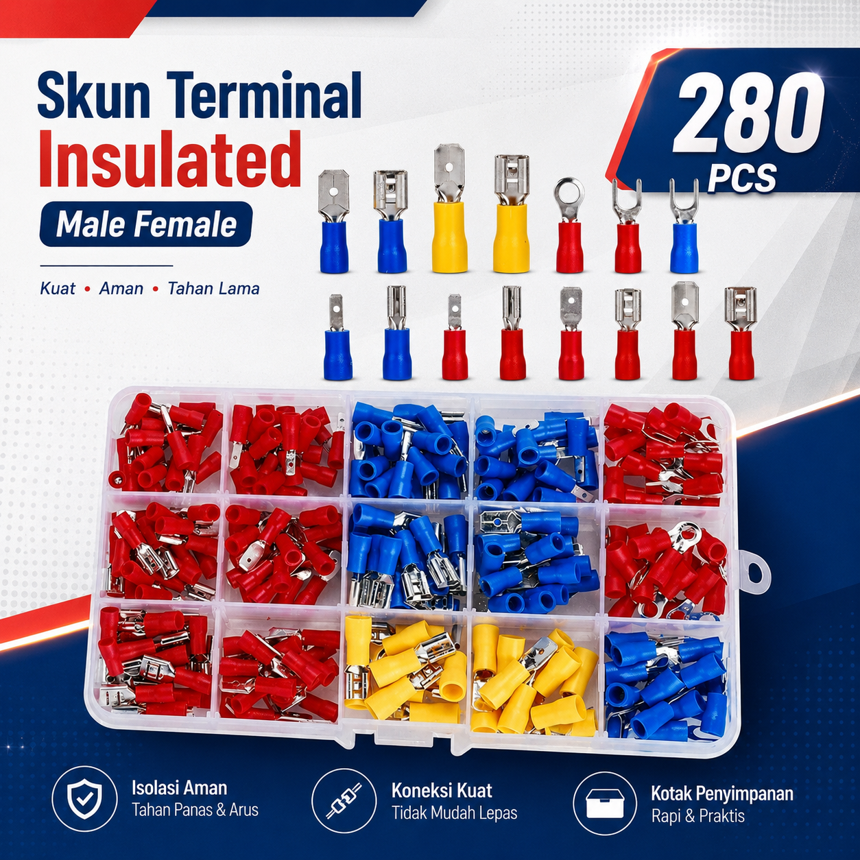 Gambar produk Taffware Skun Terminal Gepeng Insulated Connector Male Female 280 PCS - GB20 - Utama