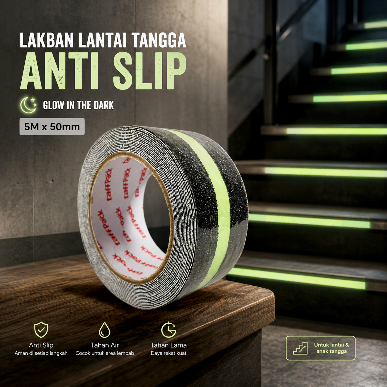 TaffPACK Lakban Lantai Tangga Anti Slip Tape Glow In The Dark 5M 50mm - WD5 Gambar produk TaffPACK Lakban Lantai Tangga Anti Slip Tape Glow In The Dark 5M 50mm - WD5 - Utama
