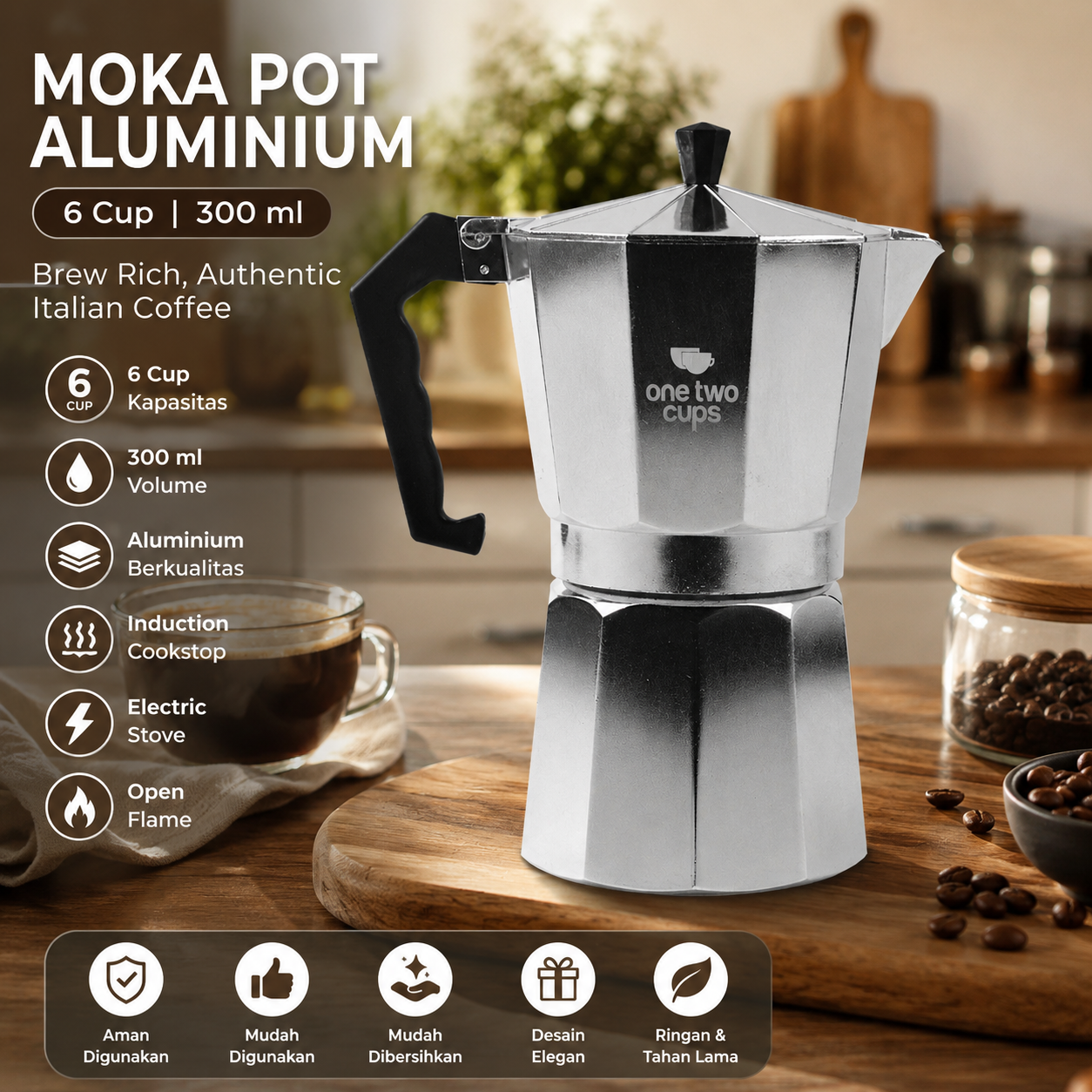 One Two Cups Moka Pot Teko Kopi Espresso Coffee Maker Stovetop 6 Cup 300ml - L25 Gambar produk One Two Cups Moka Pot Teko Kopi Espresso Coffee Maker Stovetop 6 Cup 300ml - L25 - Utama