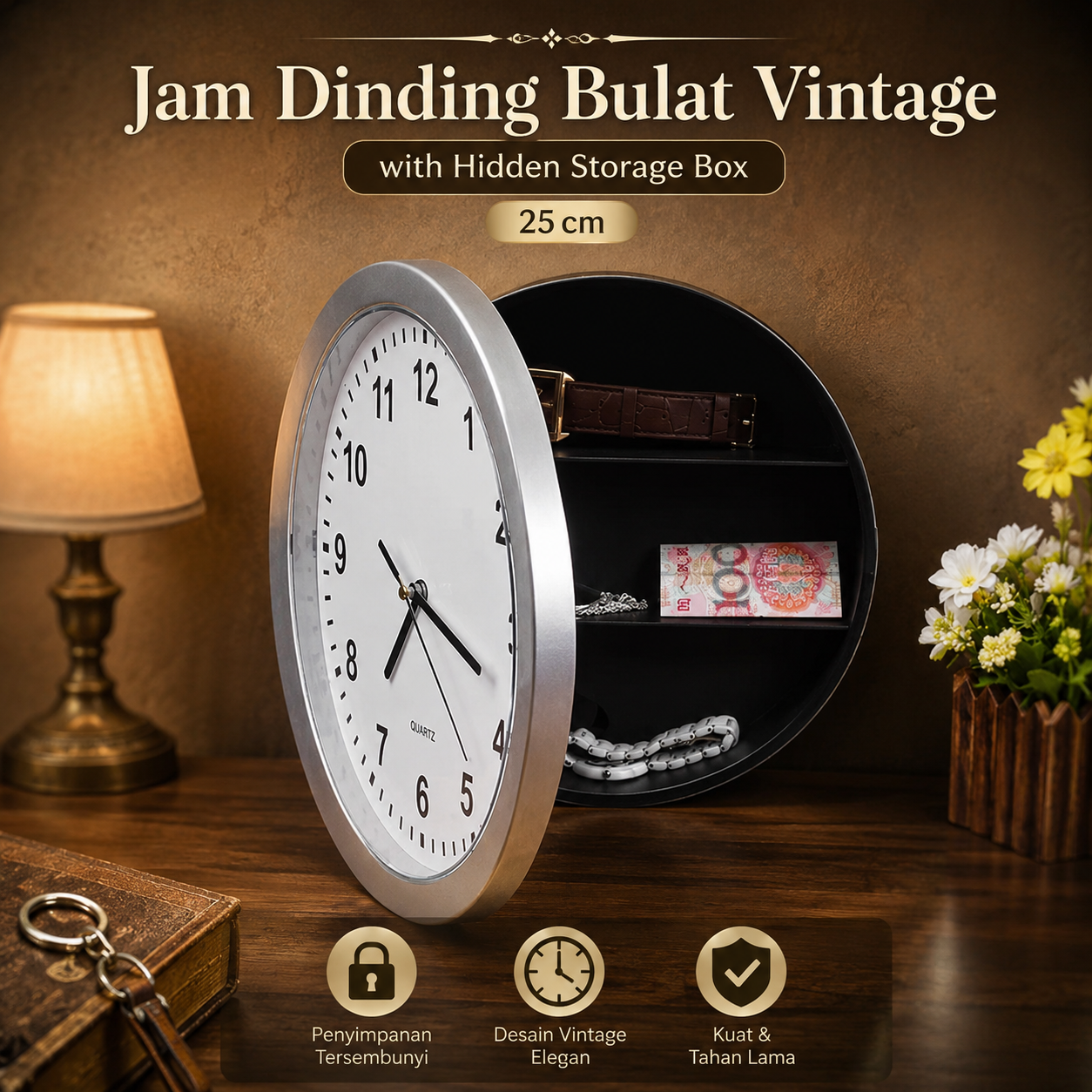 MIZHI Jam Dinding Besar Bulat Vintage 25cm with Hidden Storage Box - OTYLHG544 Gambar produk MIZHI Jam Dinding Besar Bulat Vintage 25cm with Hidden Storage Box - OTYLHG544 - Utama