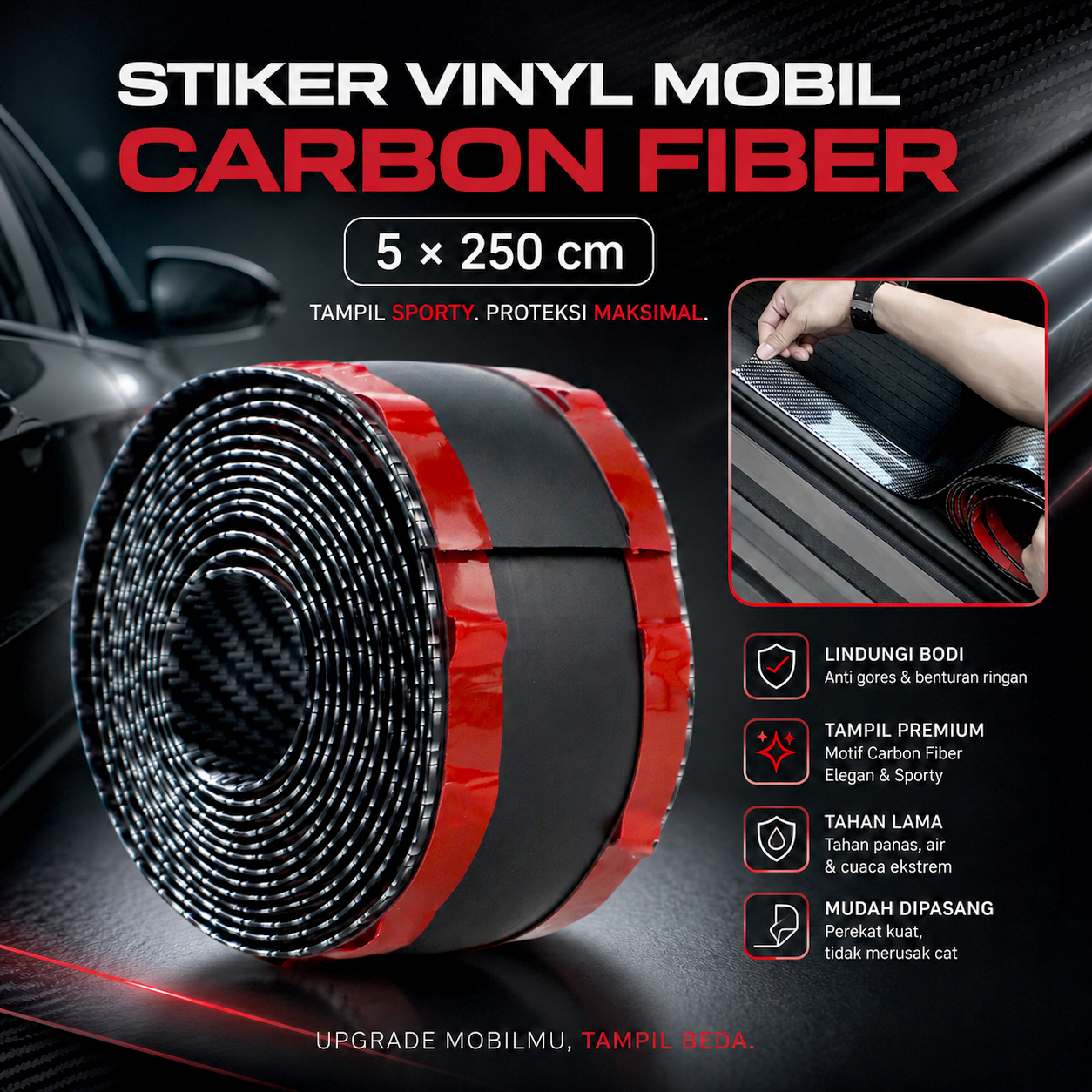 Stiker Vinyl Mobil Carbon Fiber Rubber Strip Bumper Guard 5x250cm - C38404 Gambar produk Stiker Vinyl Mobil Carbon Fiber Rubber Strip Bumper Guard 5x250cm - C38404 - Utama