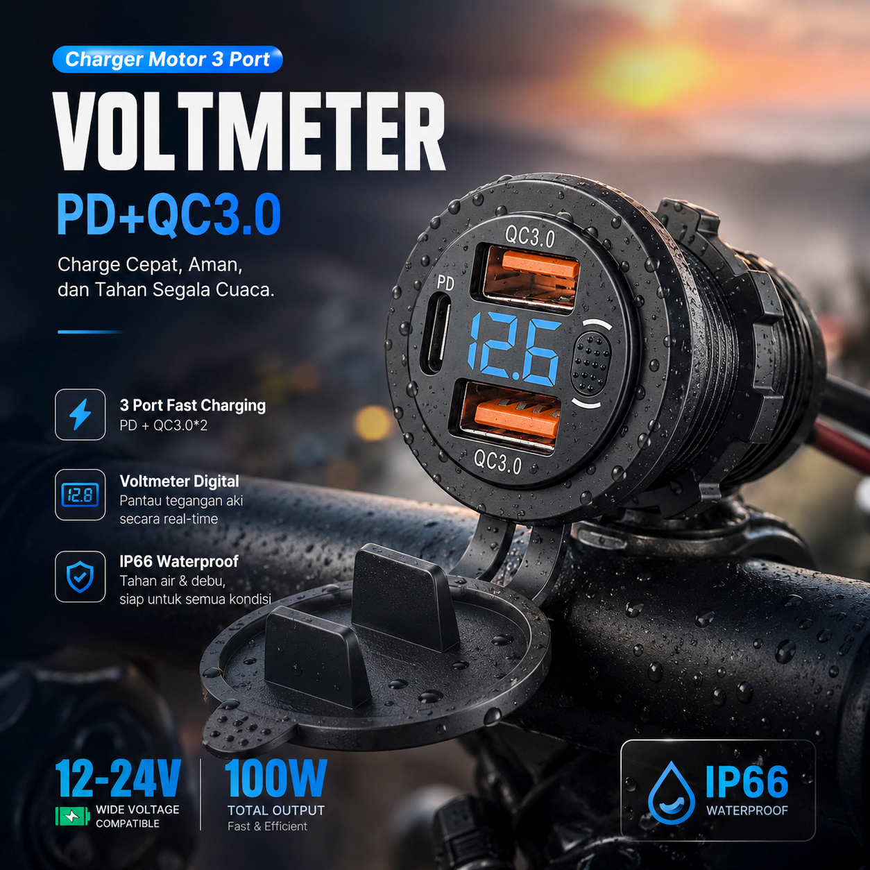 Slyz Charger Motor 3 Port 1 USB Type C dan 2 Port USB A with Voltmeter - Slyz31 Gambar produk Slyz Charger Motor 3 Port 1 USB Type C dan 2 Port USB A with Voltmeter - Slyz31 - Utama