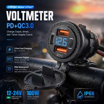 Slyz Charger Motor 3 Port 1 USB Type C dan 2 Port USB A with Voltmeter - Slyz31