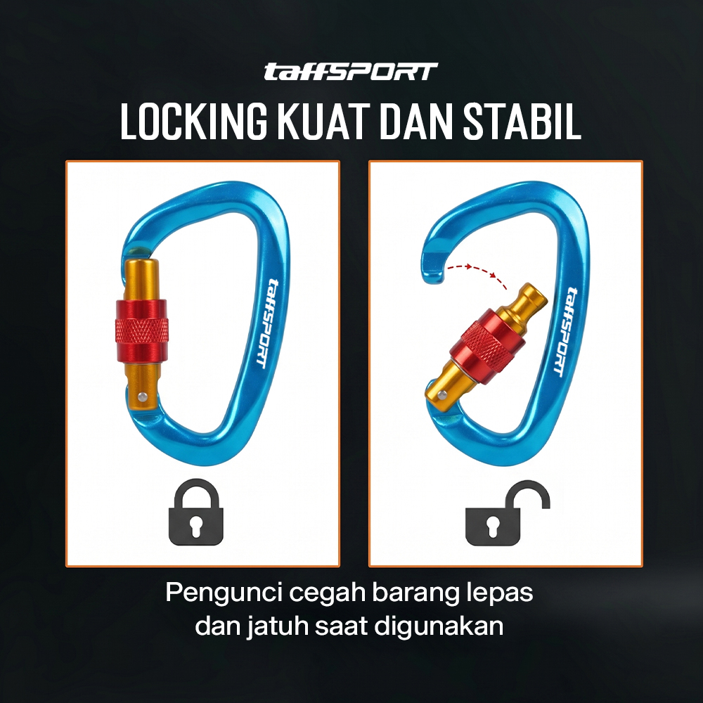 TaffSPORT Carabiner Aluminium Professional Heavy-Duty Locking 25kN - CE21 Gambar produk TaffSPORT Carabiner Aluminium Professional Heavy-Duty Locking 25kN - CE21 - 1