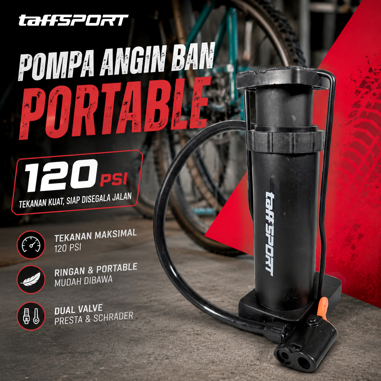 TaffSPORT Pompa Angin Sepeda Serbaguna Portable Pump 120 PSI - PM40 Gambar produk TaffSPORT Pompa Angin Sepeda Serbaguna Portable Pump 120 PSI - PM40 - Utama