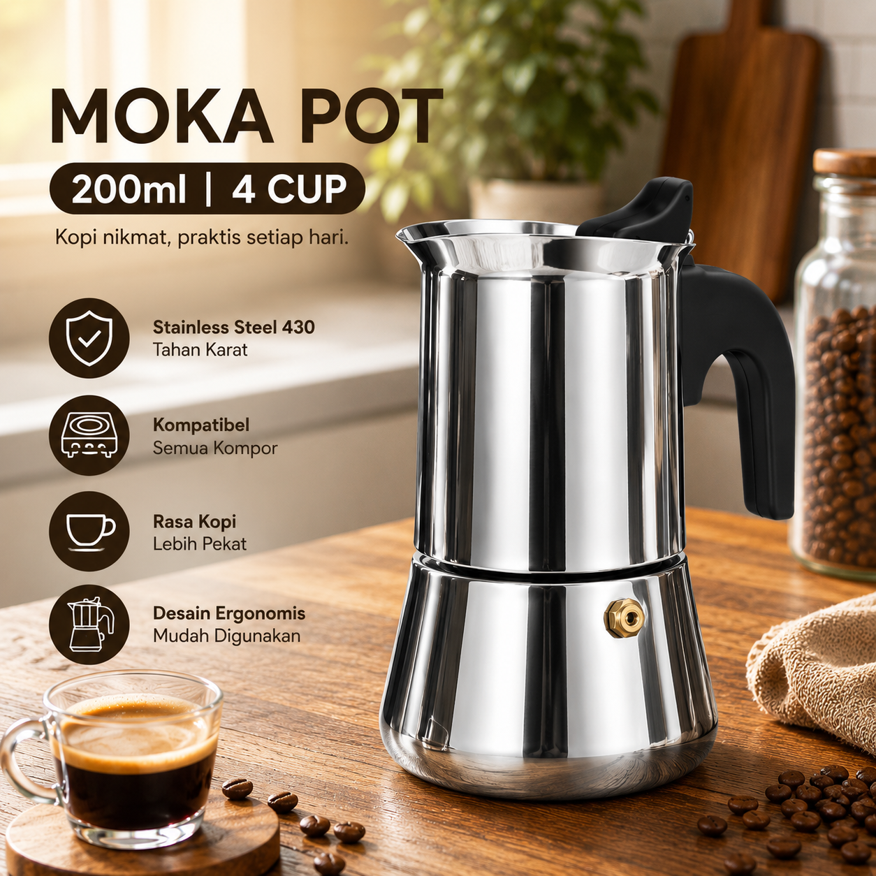 One Two Cups Moka Pot Teko Kopi Espresso Coffee Maker Stovetop 4 Cup 200ml - Z70 Gambar produk One Two Cups Moka Pot Teko Kopi Espresso Coffee Maker Stovetop 4 Cup 200ml - Z70 - Utama