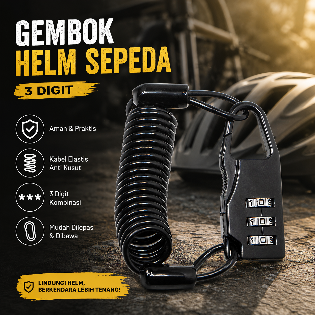 Gambar produk ULAC Gembok Helm Sepeda Anti Maling Bike Lock Kode Angka 3 Digit - GT25 - Utama