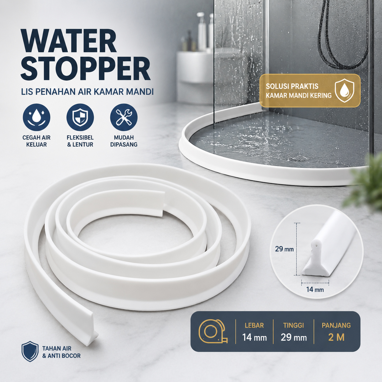 TaffHOME Lis Strip Penahan Air Kamar Mandi Water Stopper Silikon Strip 2M - AHW58 Gambar produk TaffHOME Lis Strip Penahan Air Kamar Mandi Water Stopper Silikon Strip 2M - AHW58 - Utama
