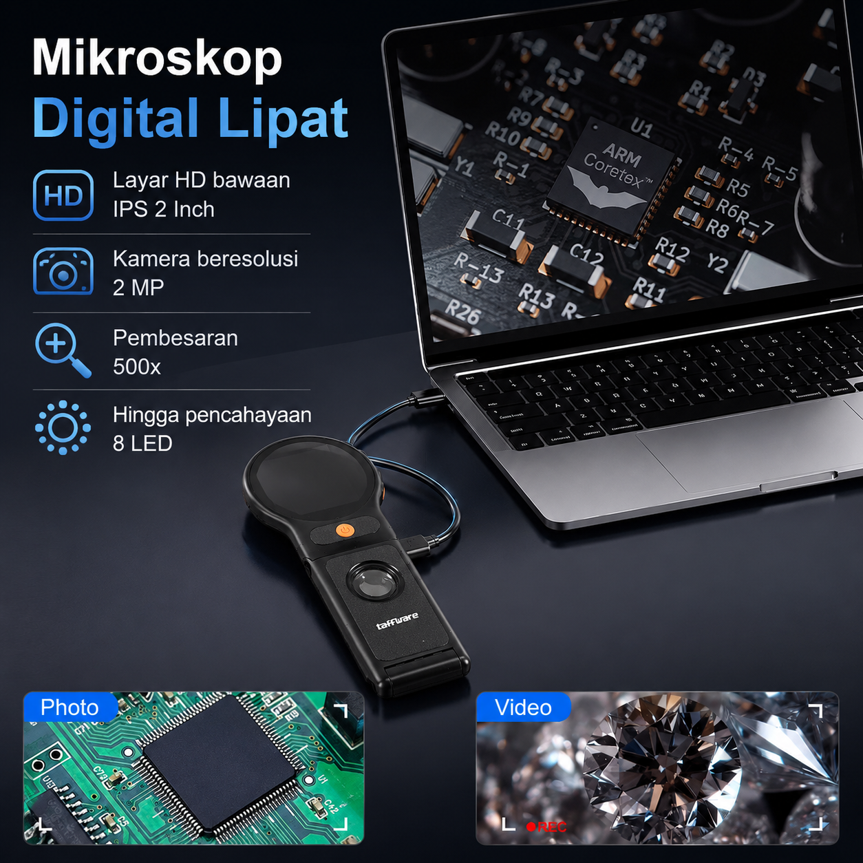 Taffware Mikroskop Digital Lipat Portable 1080P 500x 2 Inch 2MP 400mAh - 379 Gambar produk Taffware Mikroskop Digital Lipat Portable 1080P 500x 2 Inch 2MP 400mAh - 379 - 4