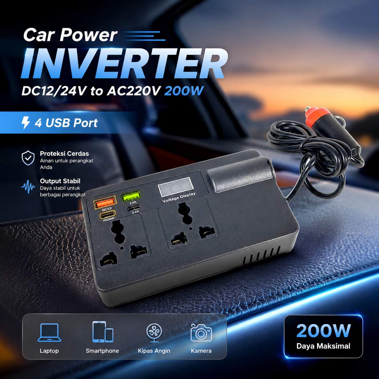 Gambar produk FMA Car Power Inverter DC12/24V to AC220V 200W 4 USB Port - C11-A - Utama