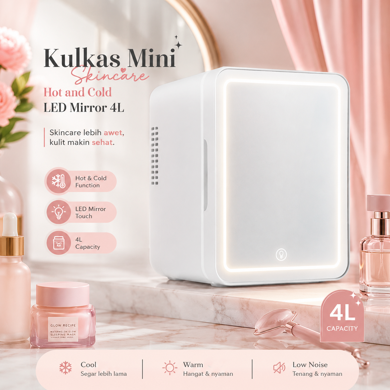 Gambar produk Nehumie Kulkas Mini Skincare Fridge Hot and Cold LED Light Mirror 4L - N40 - Utama