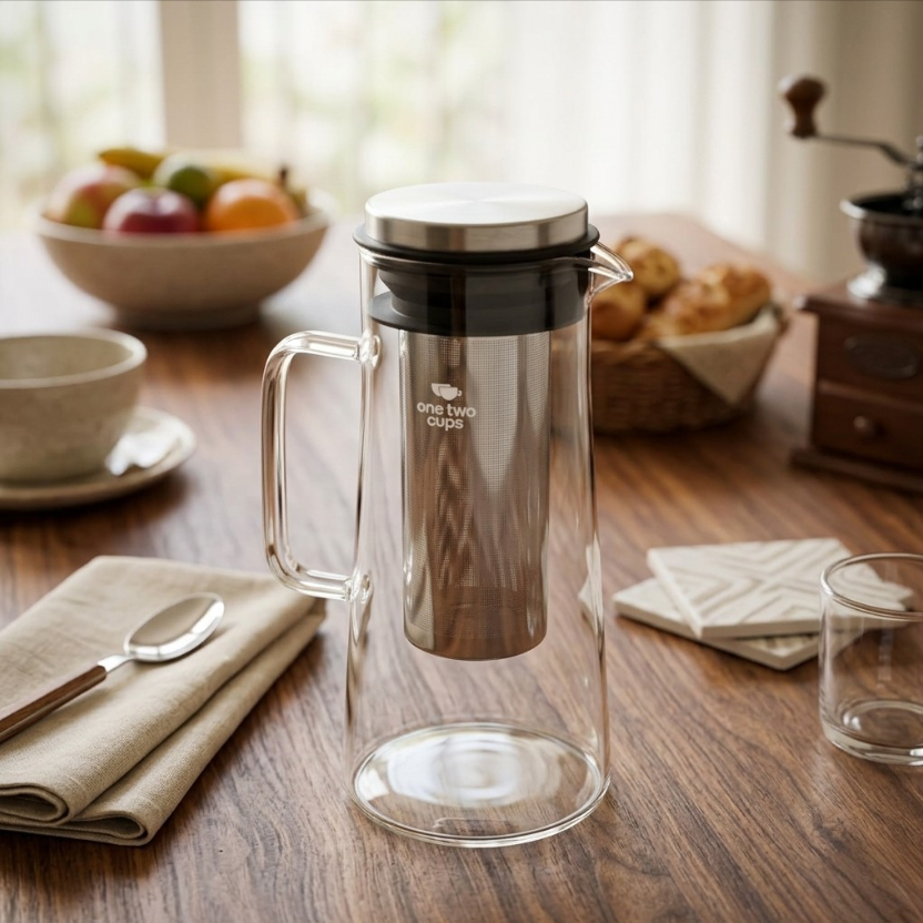 One Two Cups Teko Kaca Kopi Teh Water Pitcher Stainless Steel Filter 1000ml - MD-10 Gambar produk One Two Cups Teko Kaca Kopi Teh Water Pitcher Stainless Steel Filter 1000ml - MD-10 - 2