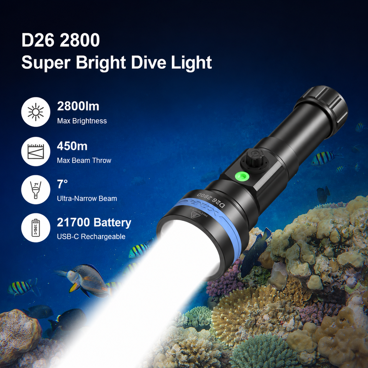 XTAR Senter Selam Diving Luminus LED High Beam IPX8 2800 Lumens - D26 2800 Gambar produk XTAR Senter Selam Diving Luminus LED High Beam IPX8 2800 Lumens - D26 2800 - Utama