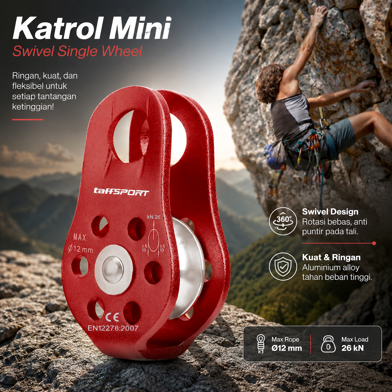 TaffSPORT Katrol Kerekan Mini Swivel Pulley Single Wheel - EN12278 Gambar produk TaffSPORT Katrol Kerekan Mini Swivel Pulley Single Wheel - EN12278 - Utama