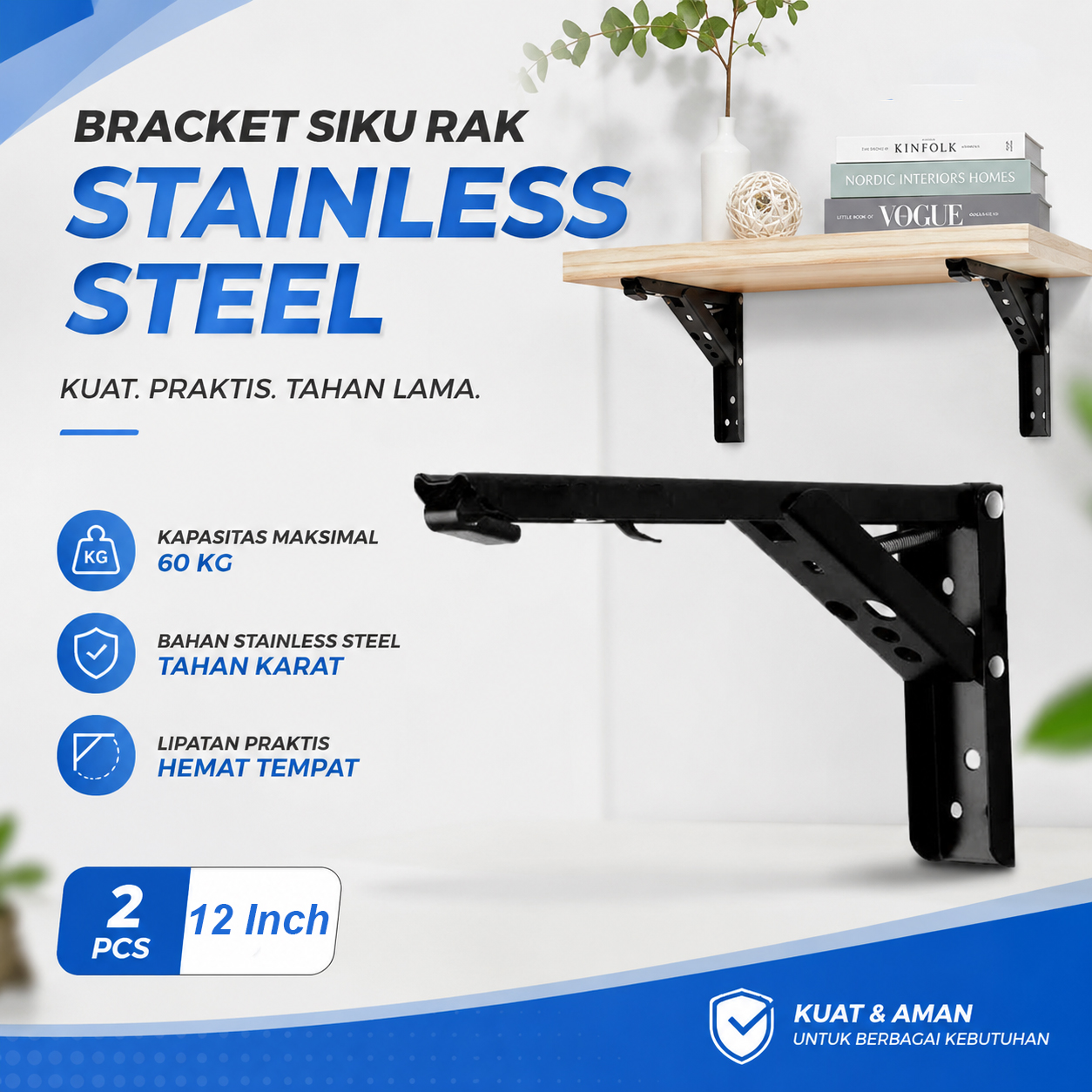 Taffware Bracket Siku Rak Dinding Penyangga Stainless Steel 60kg 2 PCS 12 Inch - NED-6112 Gambar produk Taffware Bracket Siku Rak Dinding Penyangga Stainless Steel 60kg 2 PCS 12 Inch - NED-6112 - Utama