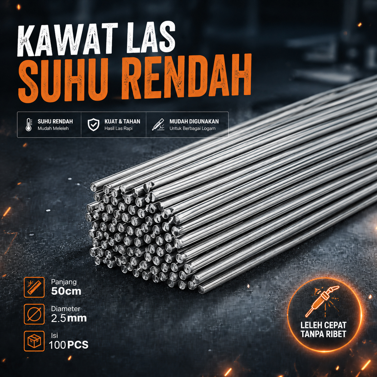 Gambar produk Taffware Kawat Las Aluminium Flux Core Suhu Rendah 50cm 100 PCS 2.5mm - SH50 - Utama