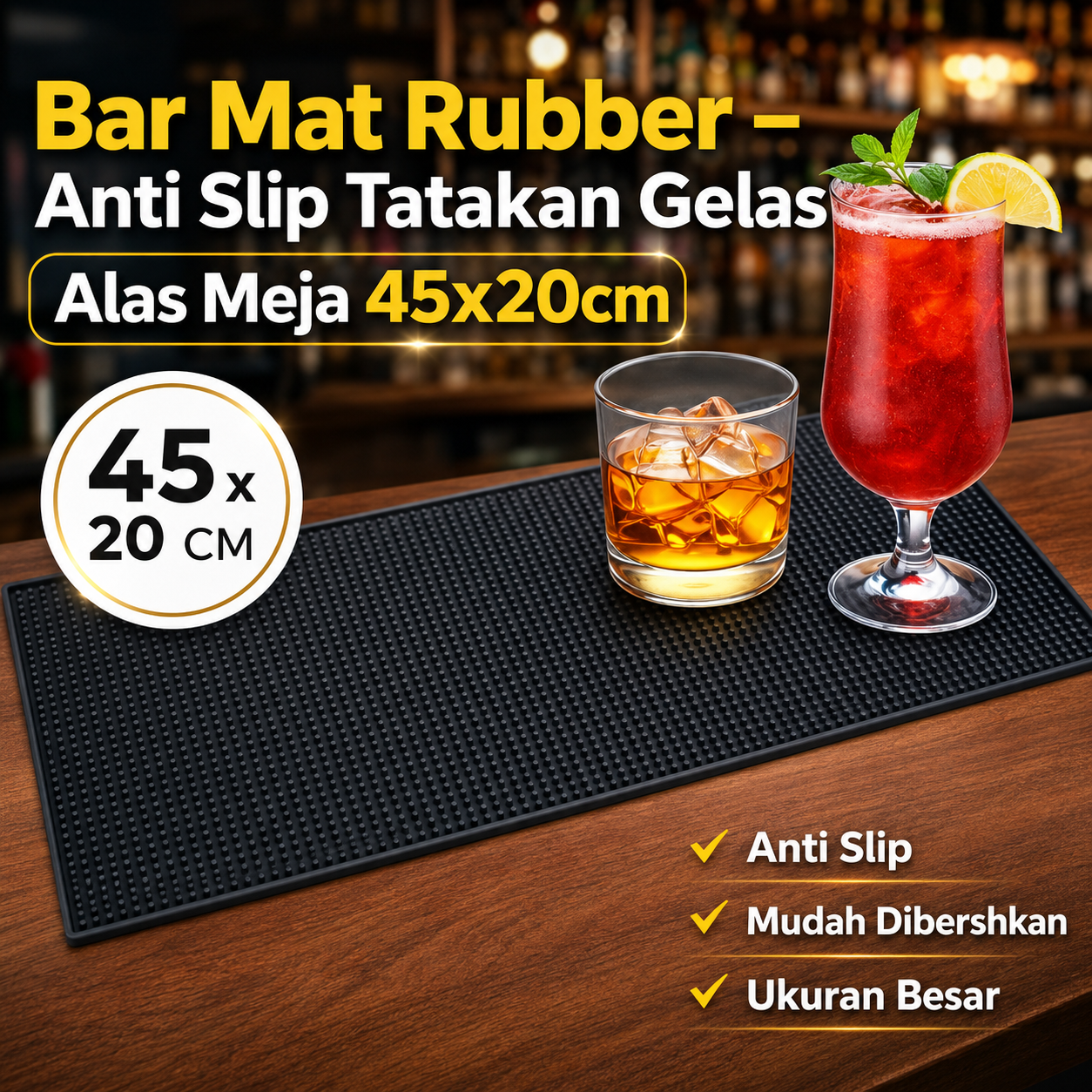 One Two Cups Bar Mat Rubber Anti Slip Tatakan Gelas Alas Meja 45x20cm - TY3 Gambar produk One Two Cups Bar Mat Rubber Anti Slip Tatakan Gelas Alas Meja 45x20cm - TY3 - Utama