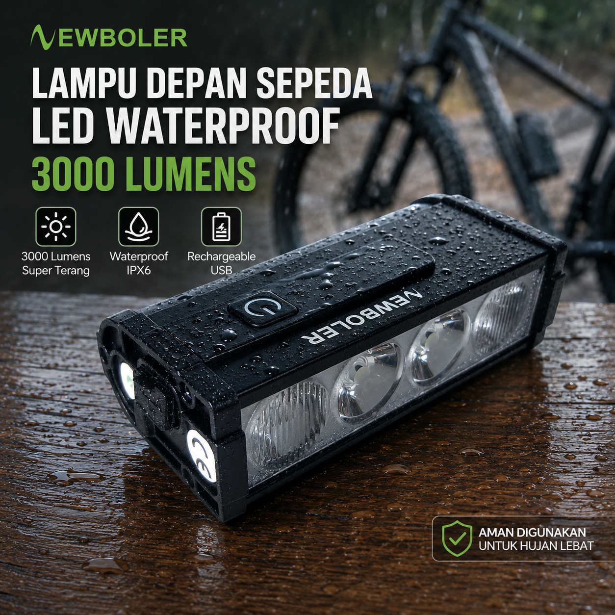 NEWBOLER Lampu Depan Sepeda LED Waterproof Rechargeable 3000 Lumens - LIG013 Gambar produk NEWBOLER Lampu Depan Sepeda LED Waterproof Rechargeable 3000 Lumens - LIG013 - Utama