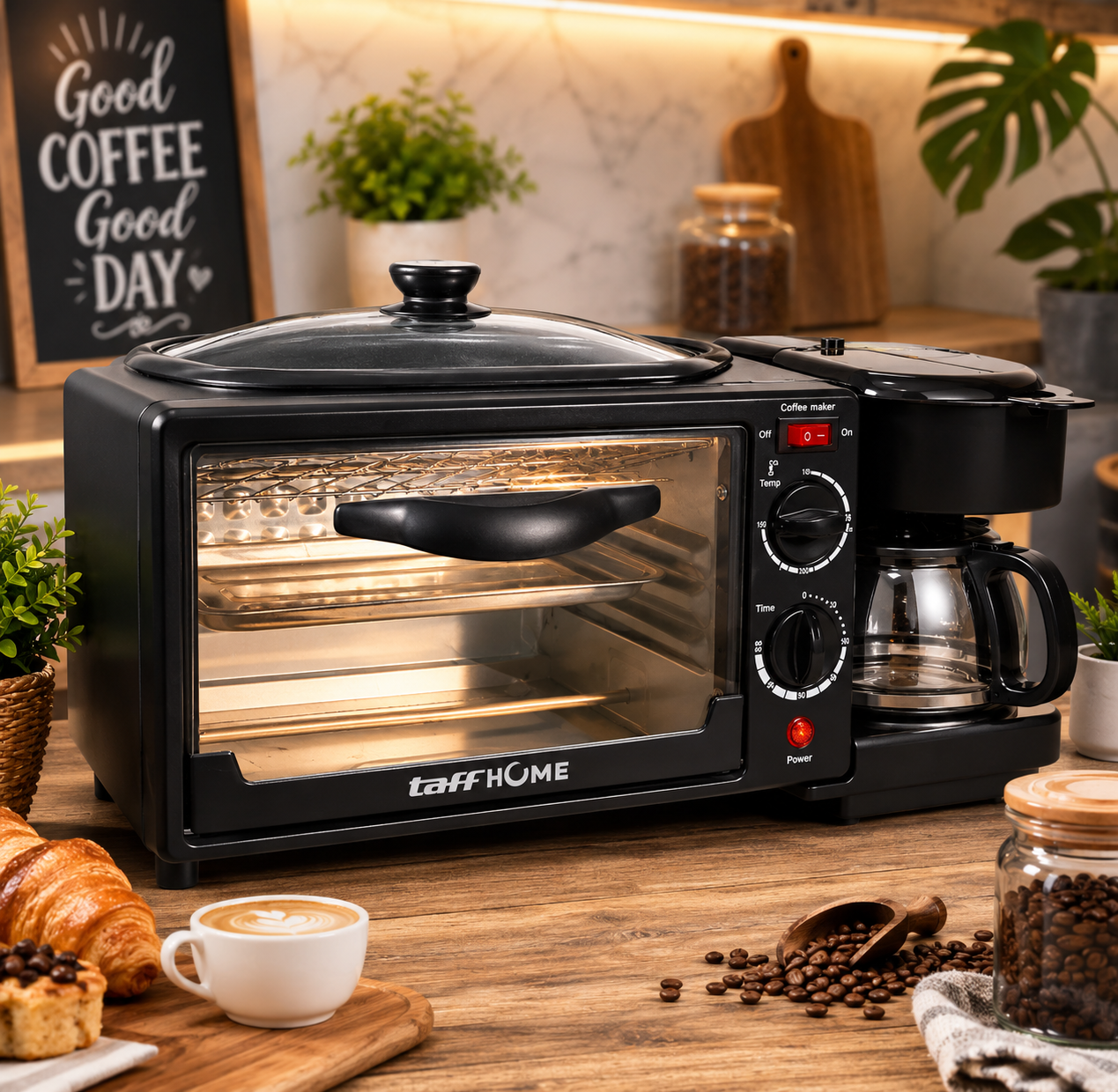 TaffHOME 3in1 Breakfast Maker Toaster Oven Listrik Mesin Kopi 1050W - JH-801 Gambar produk TaffHOME 3in1 Breakfast Maker Toaster Oven Listrik Mesin Kopi 1050W - JH-801 - 6