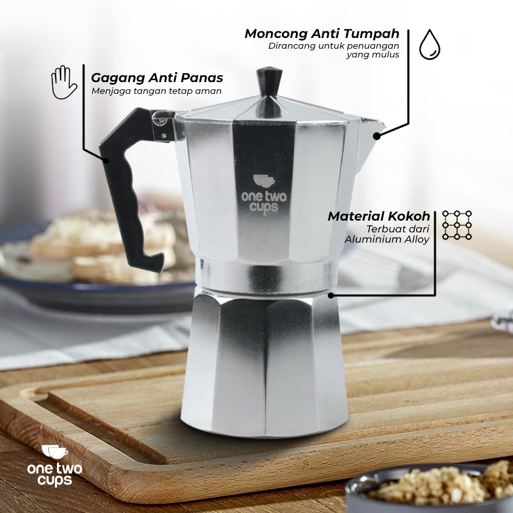 One Two Cups Moka Pot Teko Kopi Espresso Coffee Maker Stovetop 12 Cup 600ml - L25 Gambar produk One Two Cups Moka Pot Teko Kopi Espresso Coffee Maker Stovetop 12 Cup 600ml - L25 - 2