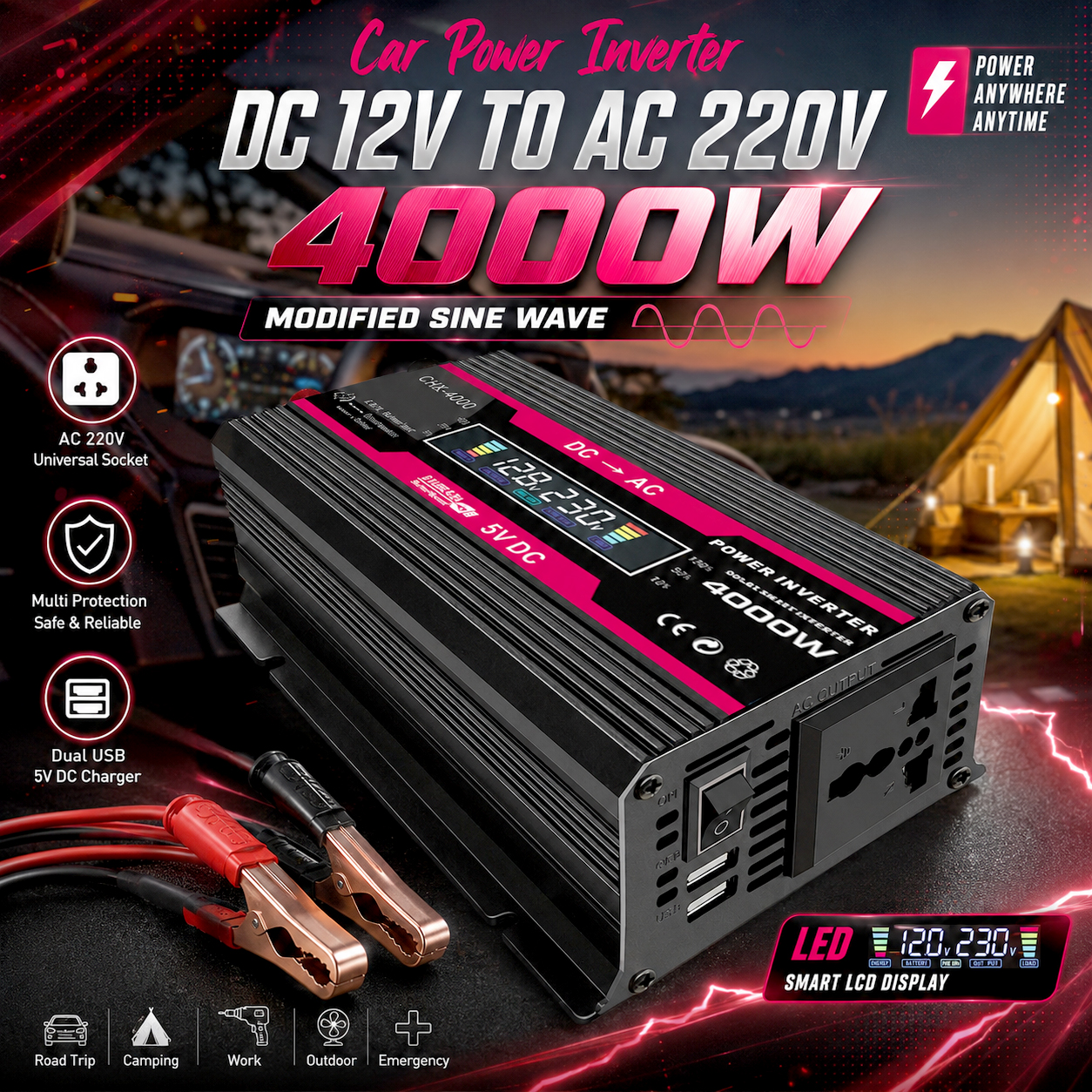 Vingtank Car Power Inverter DC 12V to AC 220V 4000W Modified Sine Wave - CMZ-4000 Gambar produk Vingtank Car Power Inverter DC 12V to AC 220V 4000W Modified Sine Wave - CMZ-4000 - Utama